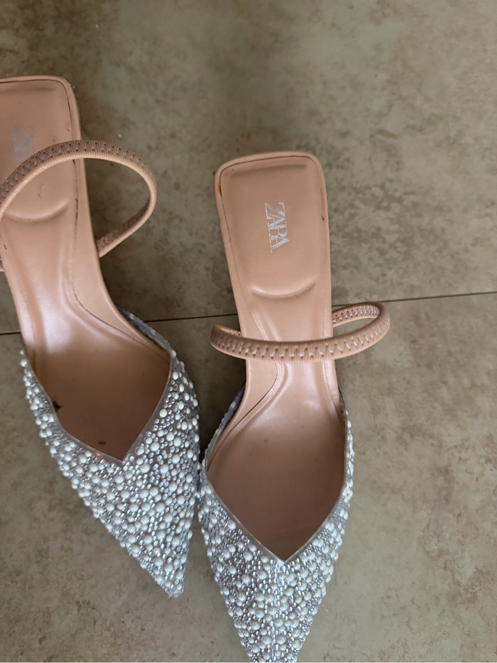 ZARA Beaded Pearl-Embellished Nude Pointed Mules